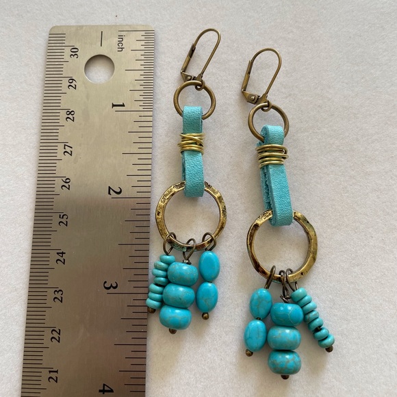 HAND CRAFTED HOOP EARRINGS Leather Stone Brass Turquoise Howlite - Picture 5 of 11